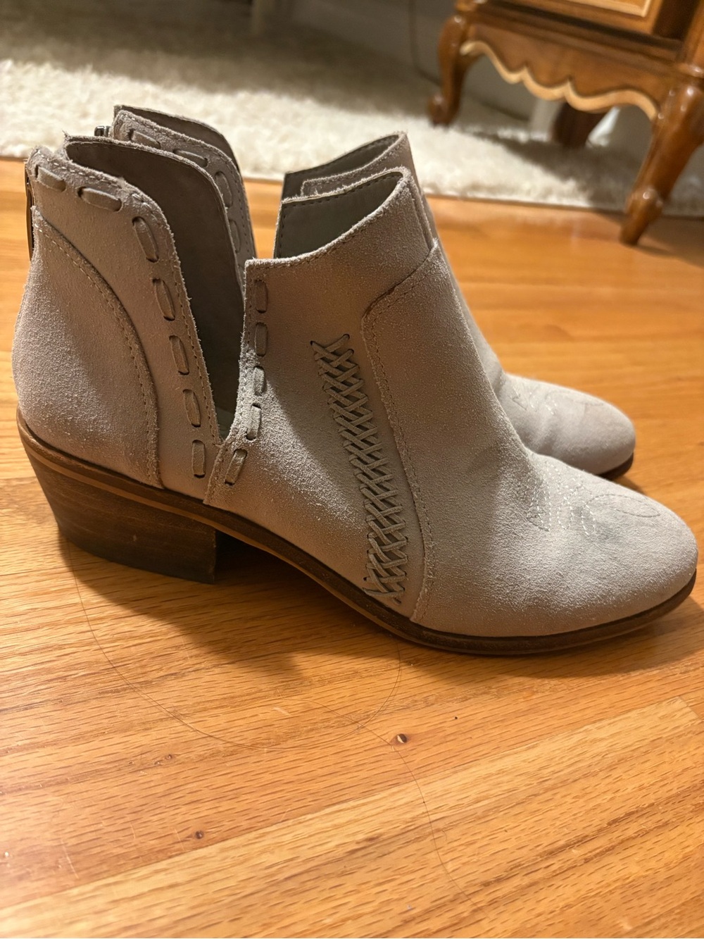 Vince Camuto Light Gray Suede Cutout Ankle Booties